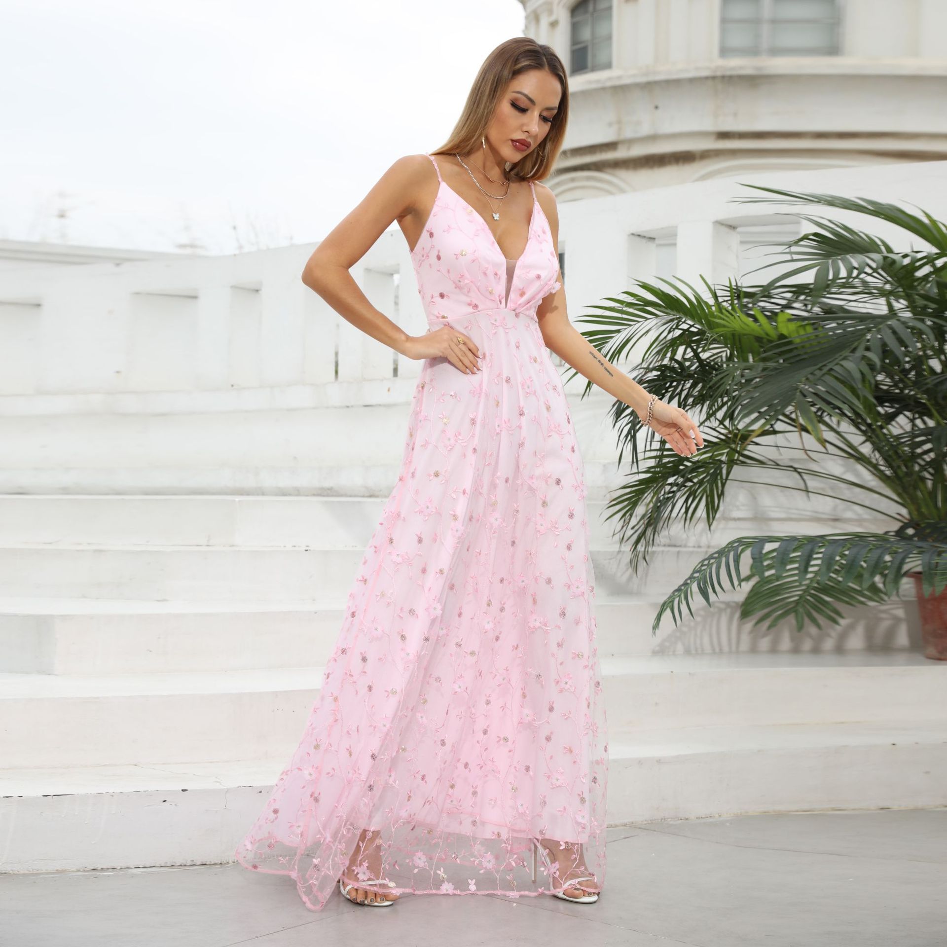 Primavera camisola vestido nuevo Rosa boda largo camisola vestido Amazon encaje vestido de noche
