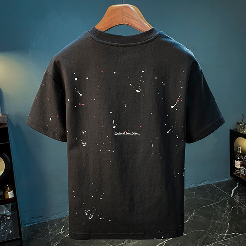 Trendy Ink Wash T-Shirt Short Sleeve Men's Summer Thin Round Neck Large Size Breathable Sweatshirt High-Count High-Density Embroidered White T Street Style