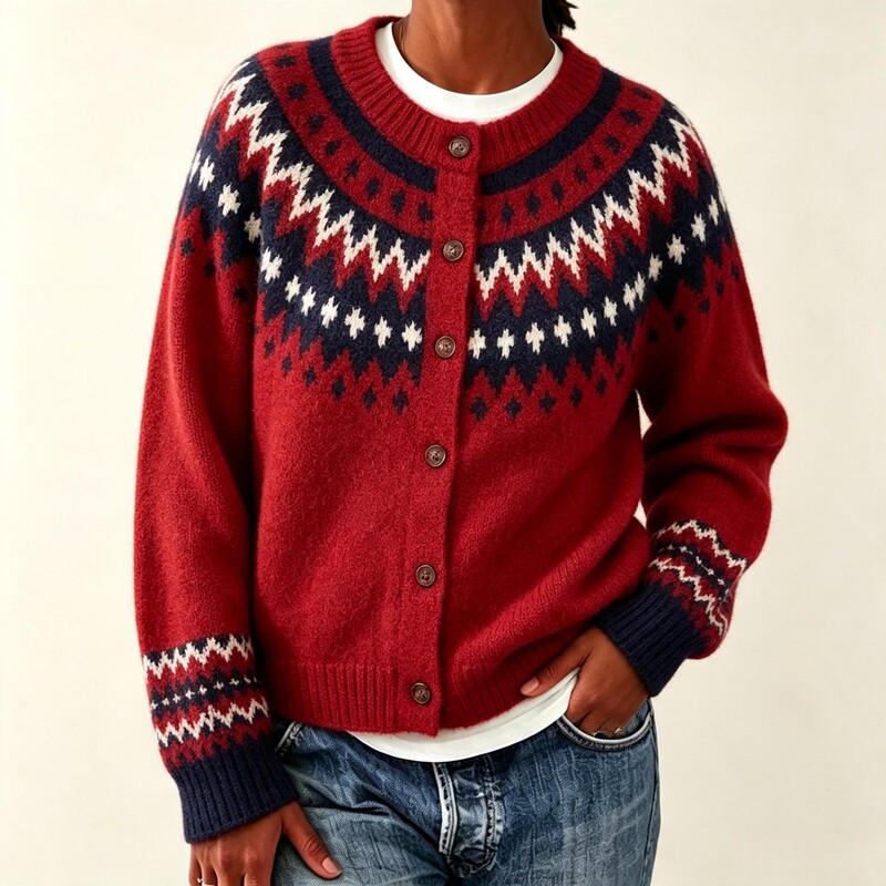 2026 European and American Christmas Style Red Geometric Jacquard Knit Cardigan Amazon Single-Breasted Loose Long-Sleeve Women's Top 2026 European and American Christmas Style Red Geometric Jacquard Knit Cardigan Amazon Single-Breasted Loose Long-Sleeve Women's Top
