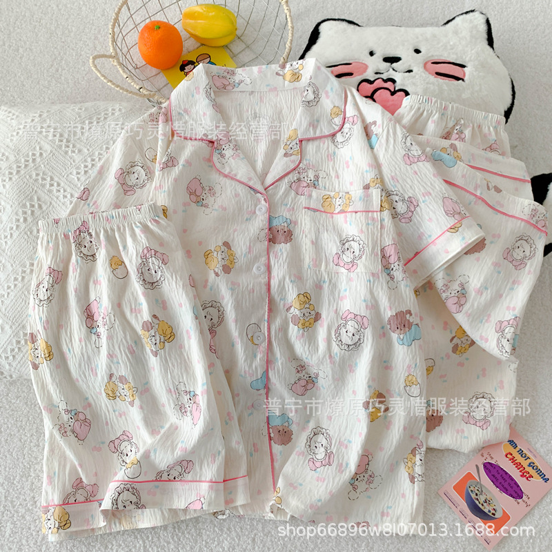 Pajamas de tres piezas de torta de oso para mujeres de verano, pantalones de manga corta, nubes de algodón adorable, viento en 2025 nueva ropa para el hogar