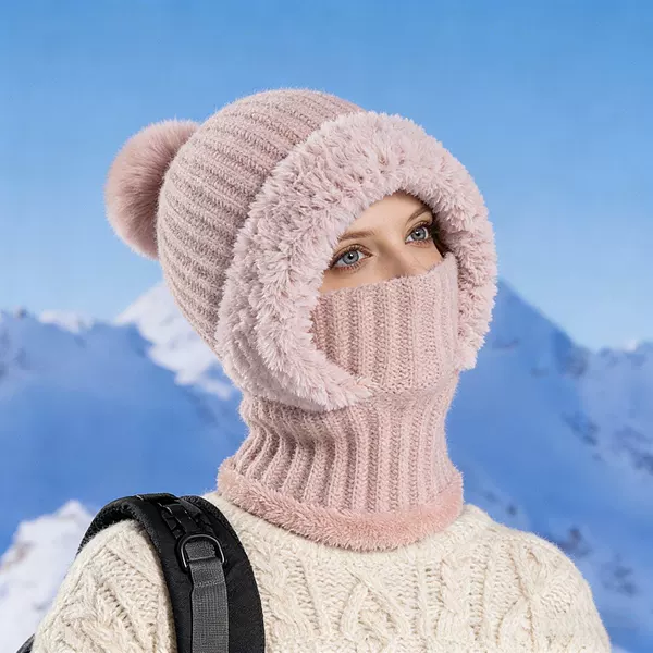 Cross-Border Knitted Hat, Scarf, and Mask All-In-One Set for Women, Winter Windproof Fleece-Lined Warm Wool Hat for Cycling