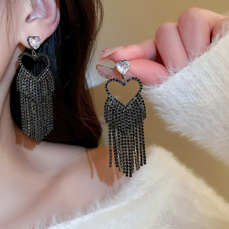 Fashion Heart Shape Copper Tassel Rhinestones Zircon Drop Earrings 1 Pair