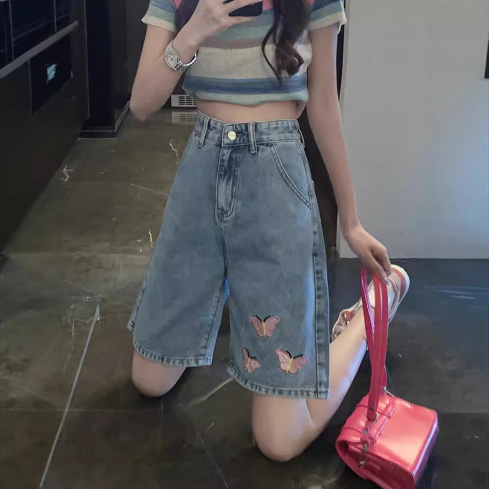 데님 반바지 여성의 여름 새 플러스 사이즈 통통녀 MM 느슨한 자수 바지 높은 허리 넓은 다리 바지