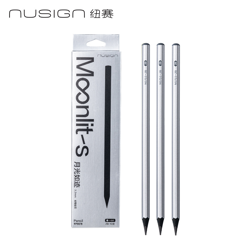 DeLineux NS753 bar de plata luz de luna madera negra HB / 2B dibujo de escritura de lápiz de grafito hexagonal