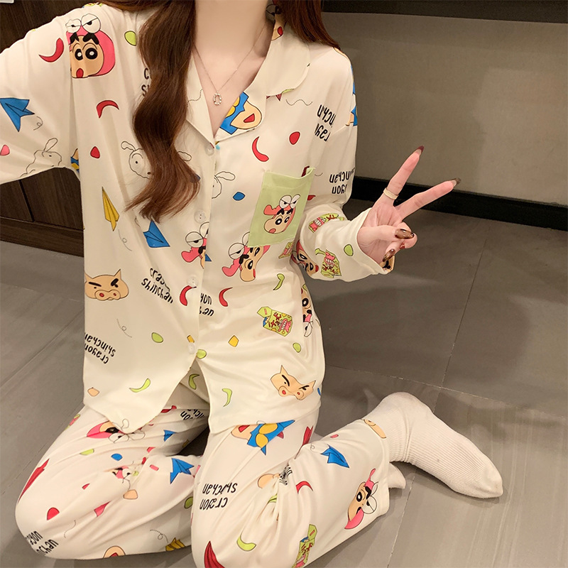Japanese style crayon small new spring long sleeve pajamas women's simple Mr. crocodile lazy sense home clothes suit wholesale