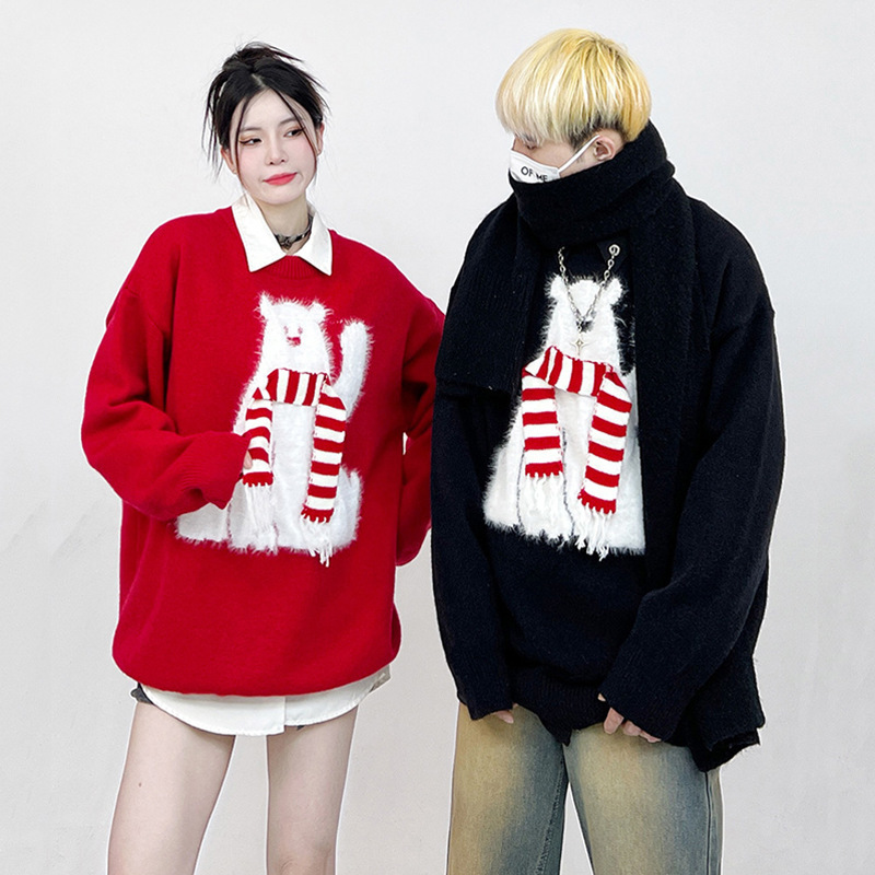 South Korea Christmas New Year Red Snowman Sweater 2024 Fall/Winter New Soft Waxy Cute Joker Age-reducing Knitted Shirt Top