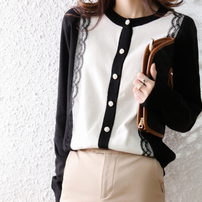 Cross-Border French-Style Women's Spring Color-Blocking Core-Spun Yarn Knit Versatile Cardigan Elegant Long-Sleeve Top with a Small Fragrance Style