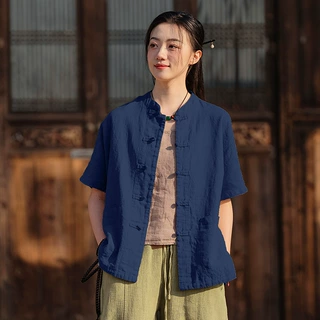 2026夏新款棉麻女装中式复古苎麻砂洗手工盘扣上衣女式开衫外套