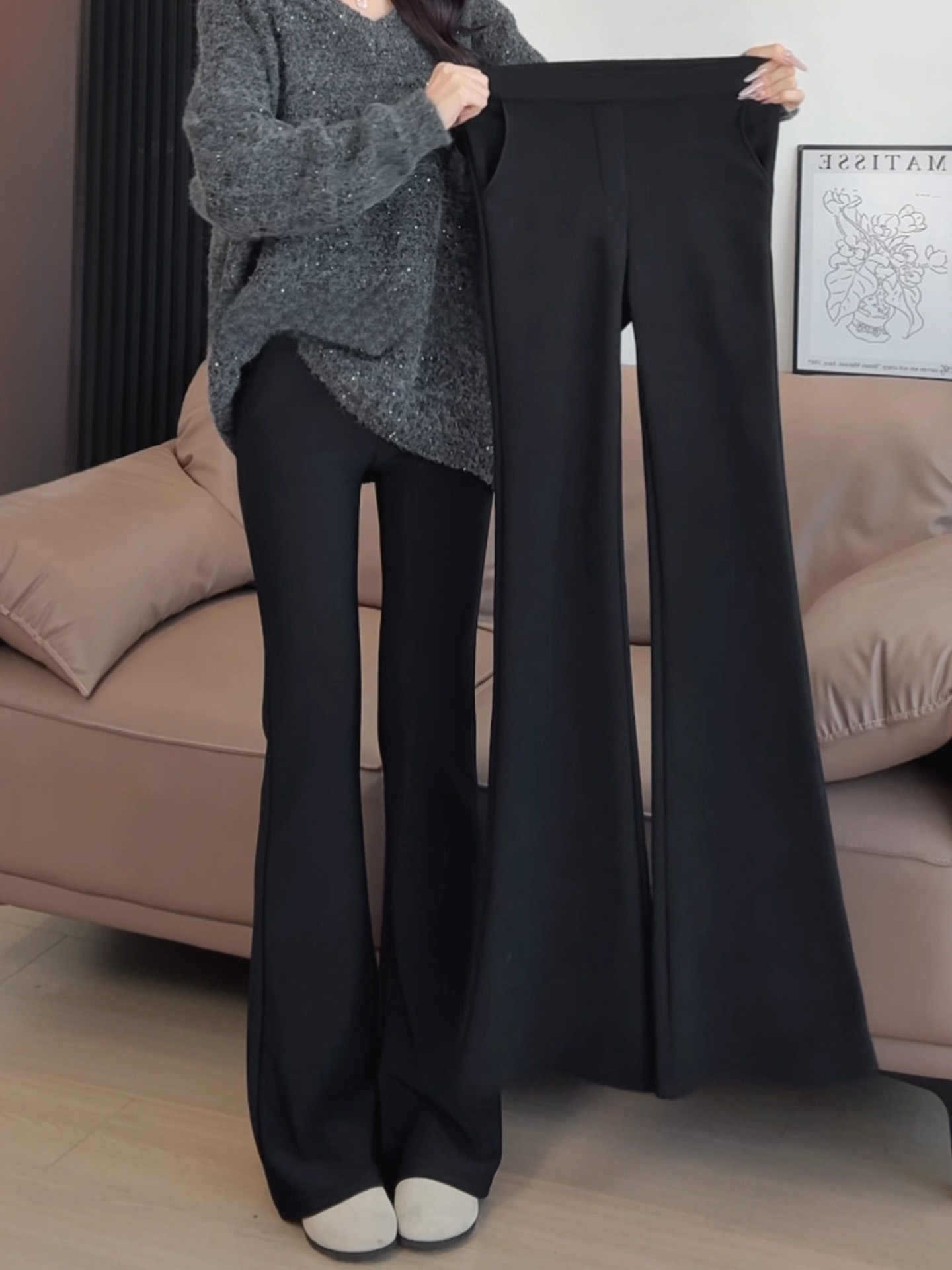 Pantalones acampanados negros para mujer, estilo primavera y otoño 2026, talla grande, para mujeres pequeñas, de cintura alta, adelgazantes, estilo traje. image 1