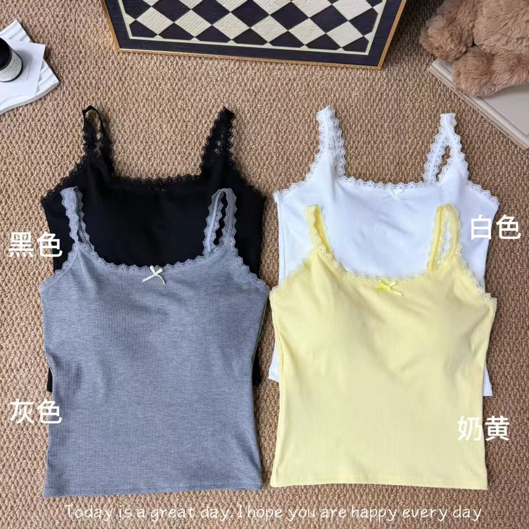 拉夏贝尔白色蝴蝶结吊带背心女2025新款蕾丝内搭美背修身无袖上衣
