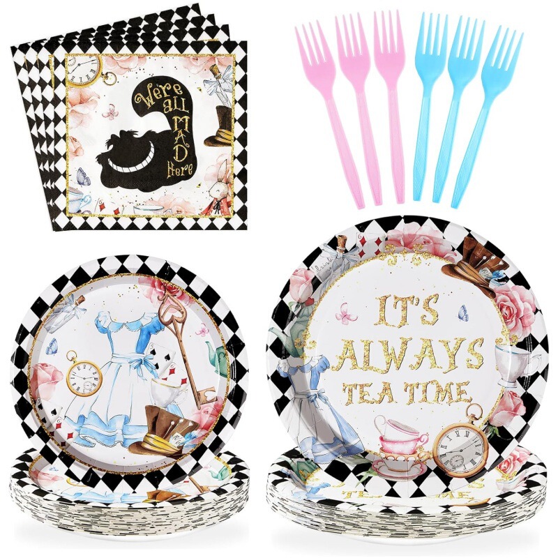 96 Pieces of Alice in Wonderland Party Decoration Tableware Tea Party Supplies Disposable Large and Small Paper Plates Paper Towels Cutlery