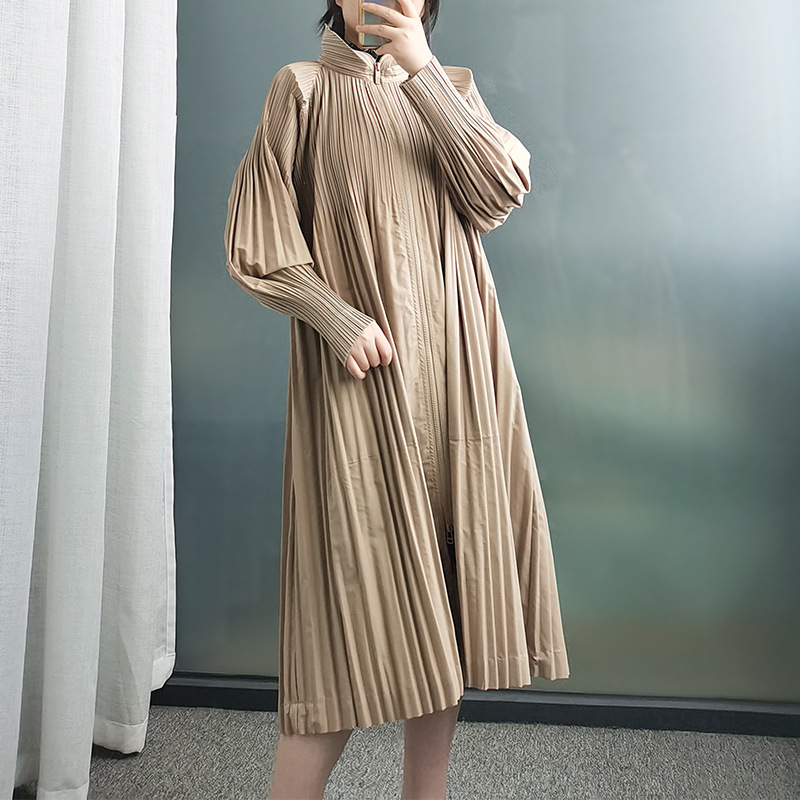 Lingying Pleated F004 [in Stock] Miyake 2026 Spring and Autumn Mid-Length Trench Coat Loose Zipper Cardigan