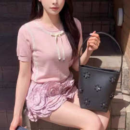 高端26南油蝴蝶结针织衫家女装边早春蝴蝶百D搭针织新款蕾丝短袖