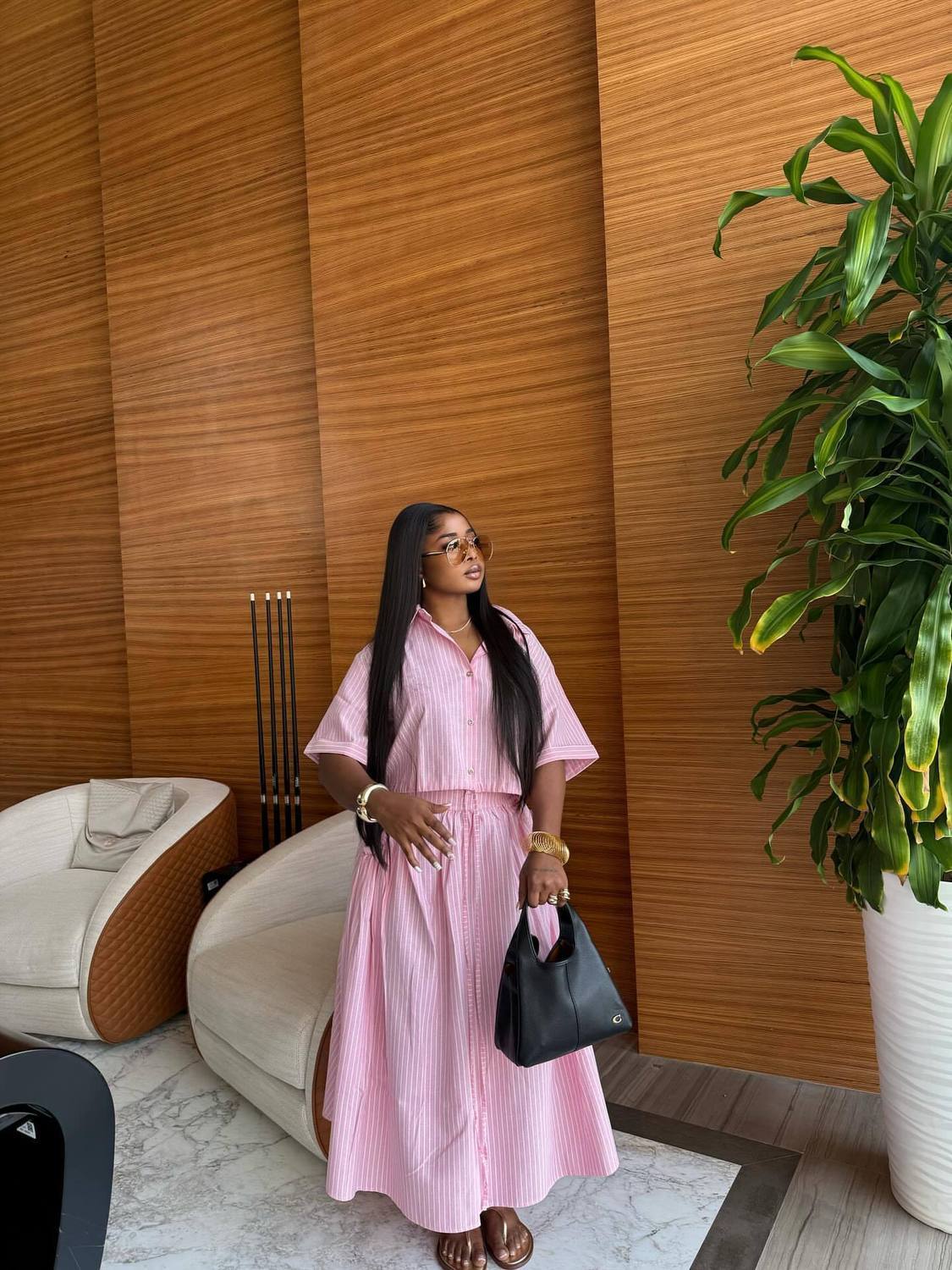 Women's Clothing Women's Style Striped Cardigan Shirt High Waist Slim Fit Tie Up Skirt Two Piece Set Fashion_ecoleips.com