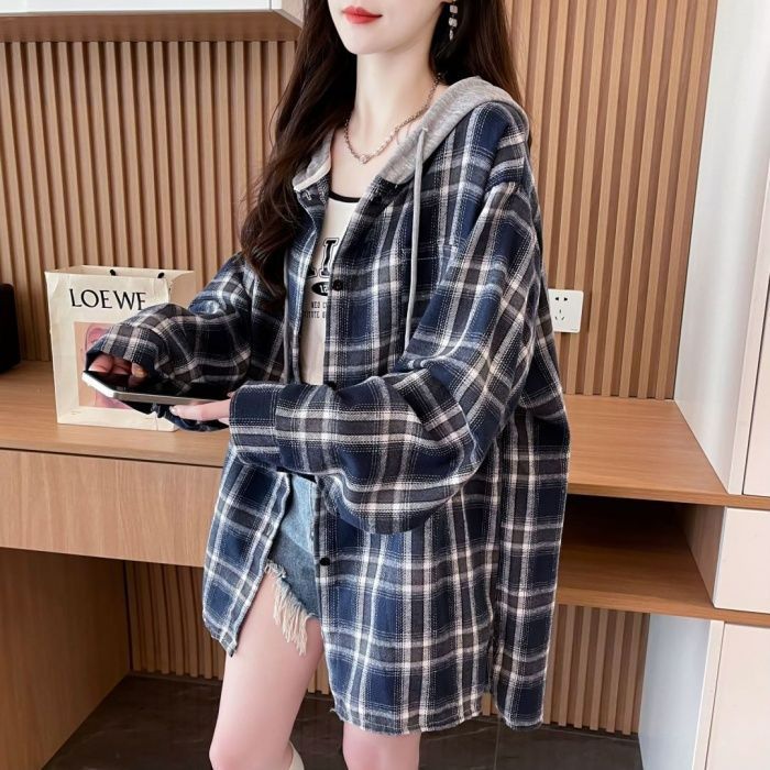 复古格子衬衫女春秋韩版宽松中长款休闲连帽衬衣薄款大码显瘦外套|undefined
