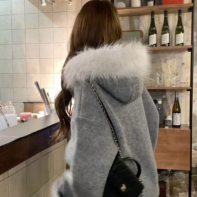 Korean Style Lazy Style Gray Fur Collar Jacket Hooded Knitted Cardigan for Women Autumn and Winter Small Loose Outer Top