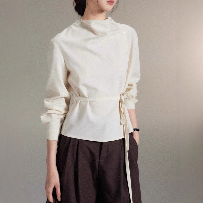 Elegant and Minimalist Asymmetrical Design with a Draped Collar, Diagonal Placket, and Tie-Waist Blouse for Women Elegant and Minimalist Asymmetrical Design with a Draped Collar, Diagonal Placket, and Tie-Waist Blouse for Women
