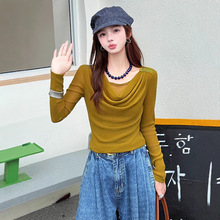 时尚洋气质堆堆领网纱打底衫女春秋新款韩版百搭长袖t恤上衣小衫