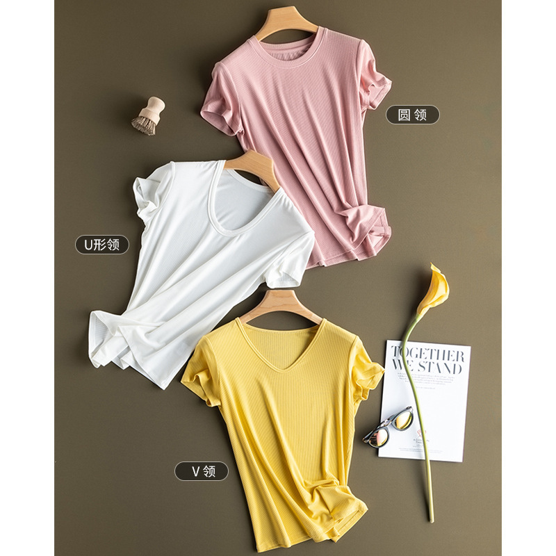Summer New Mulberry Silk Thin Threaded Short-Sleeved Round Neck V Neck Pure Color Mask Slim T-Shirt for Women Wholesale Dropshipping