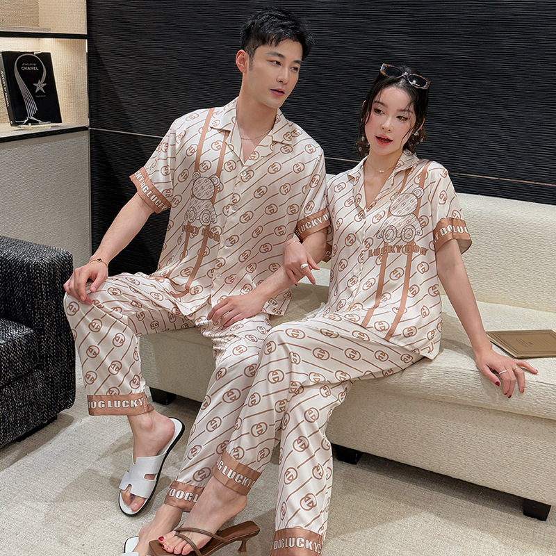 Source factory goods 2025 lovers ice silk pajamas women spring and autumn short sleeve plus size lapel cardigan suit net red live