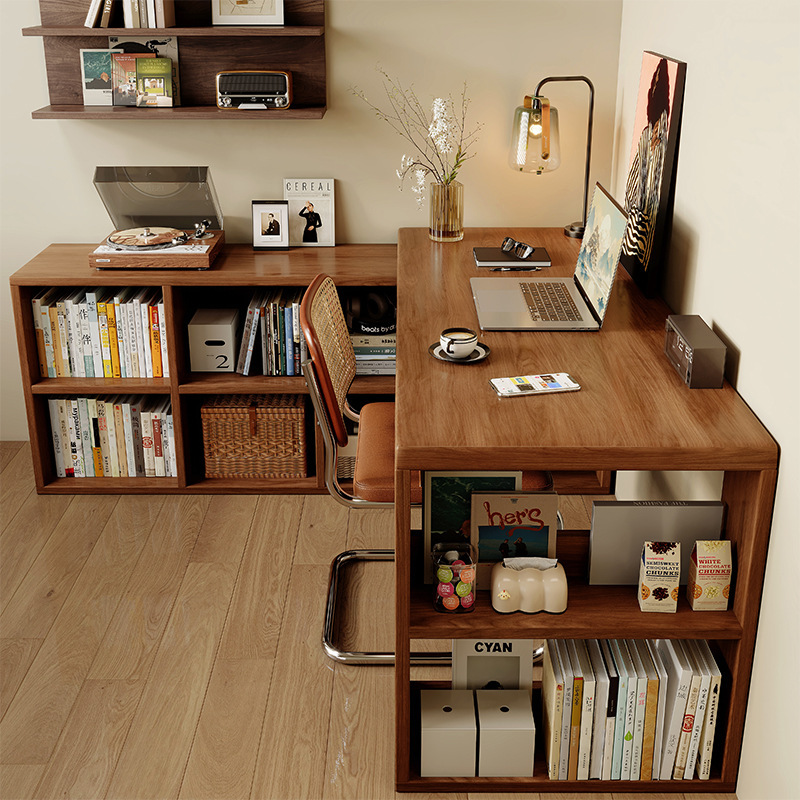 Solid Wood Corner Desk and Bookcase Integrated Bedroom Home Student Study Desk Writing Desk Mid-Century Style L-Shaped Computer Desk