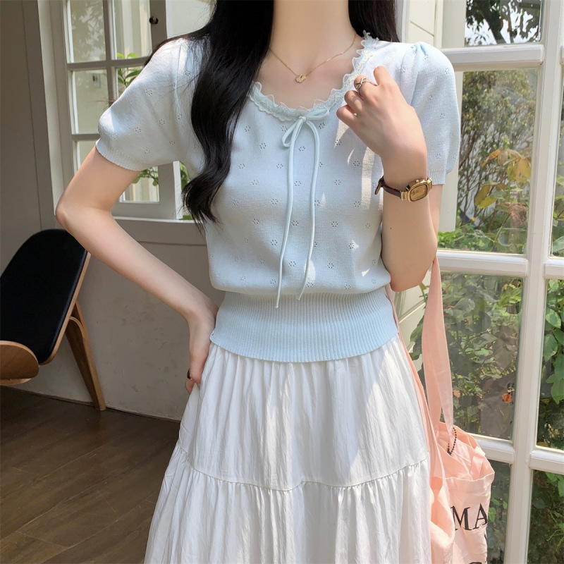 Short High Waist Fresh Style Bow Lace Edge Ice Silk Knitted Short-sleeved T-shirt Women's 2025 Summer New Fashionable Top