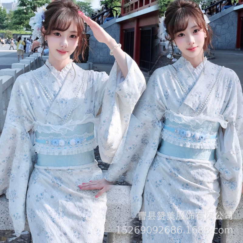 Photo Studio's New Japanese Improved Version of the Divine Girl Style Blue Yukata Traditional Kimono Photo Dress Outfit