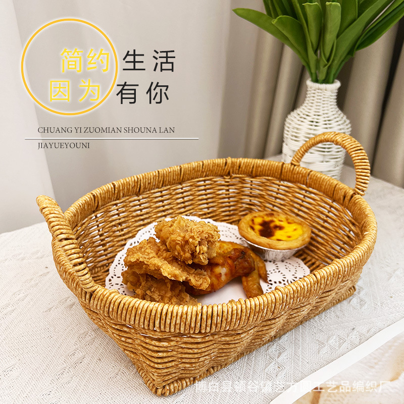 Cesta de Almacenamiento para Frutas y Pan de Plástico con Asas Dobles Tejida a Mano para Mesa de Sala de Estar