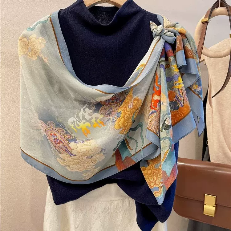 时尚新款长条丝巾女士韩版线条印花仿真丝中长薄款围巾防晒披肩