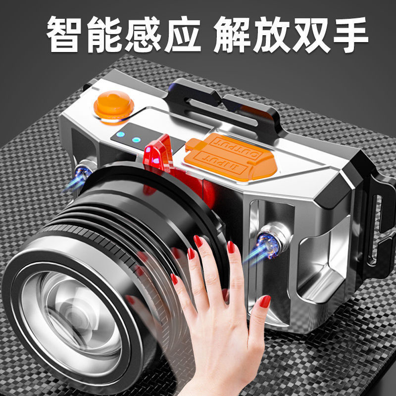 Luz de cabeza al aire libre alta luz de largo alcance USB carga zoom LED auricular tricolor atenuación inductiva luz blanca luz amarilla luz azul