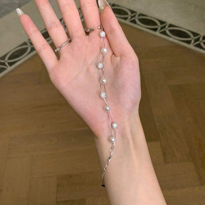 S925 Sterling Silver French-Style Double-Layer Zircon Shambala Ball Shell Pearl Natural Freshwater Pearl Bracelet High-End Niche Design S925 Sterling Silver French-Style Double-Layer Zircon Shambala Ball Shell Pearl Natural Freshwater Pearl Bracelet High-End Niche Design