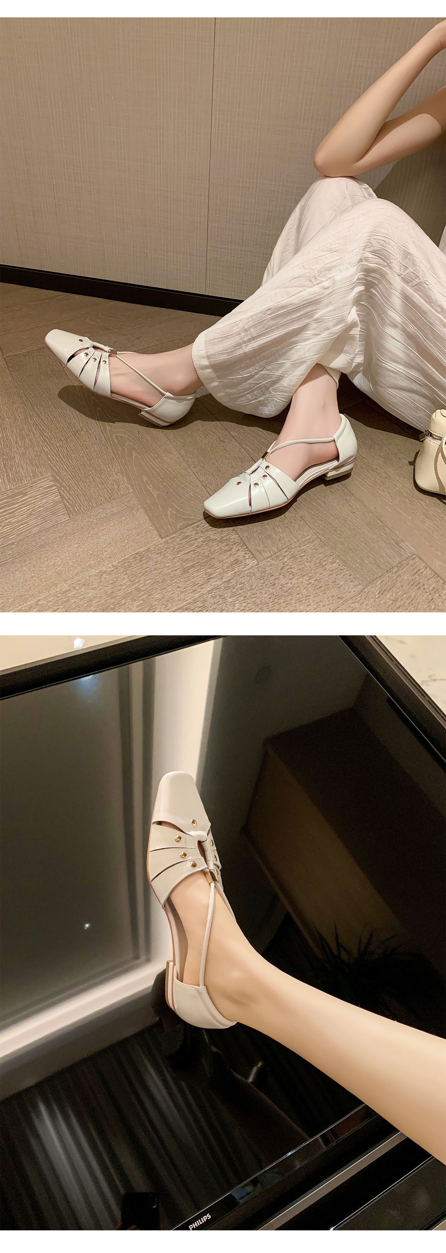Dép sandal nữ da cừu đinh tán mũi kín gót kín phong cách Hàn Quốc đế bệt — đen chi tiết 8