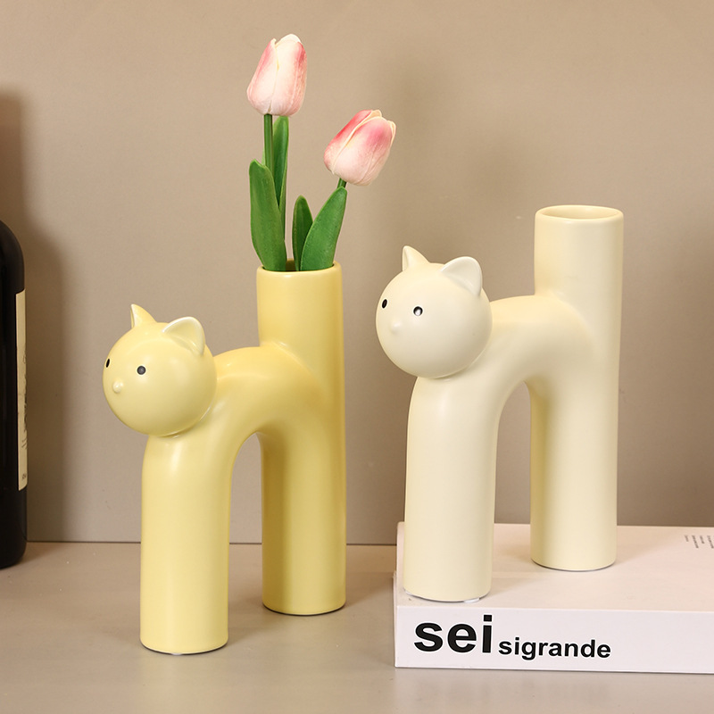 Ceramic Tube Cat Vase Creative Cartoon Flower Vessel Simple Desktop Decoration Cat Ornaments Small Flower Arrangement Container Ceramic Tube Cat Vase Creative Cartoon Flower Vessel Simple Desktop Decoration Cat Ornaments Small Flower Arrangement Container