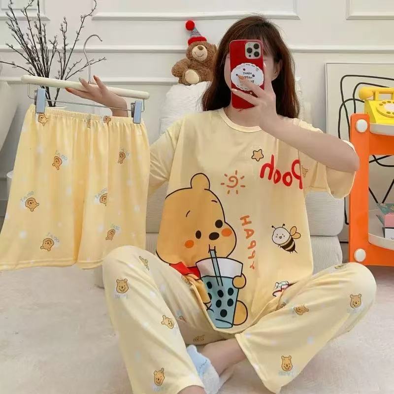 [conjunto de tres piezas] pijamas de mujer nuevo cuello redondo de verano manga corta ropa casera casual pantalones cortos sueltos set