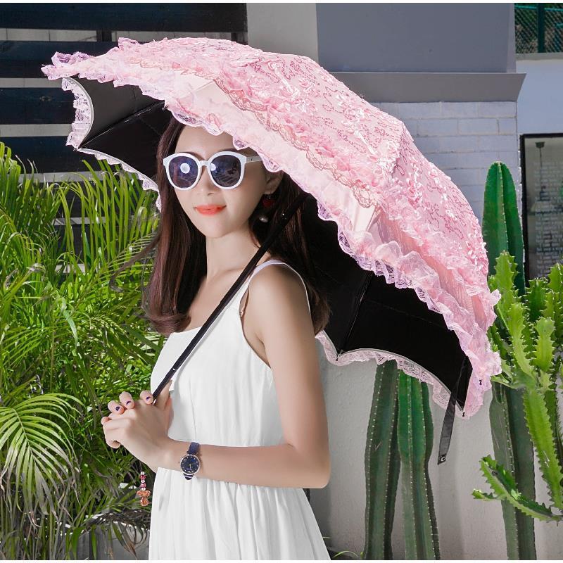 Sun Umbrella with Strong Sun Protection and Uv Protection, Double-Layer Lace Trim with Sequins, Black Coating, 70% off Layers of Sunshade Umbrella for Women, Suitable for Both Sunny and Rainy Days