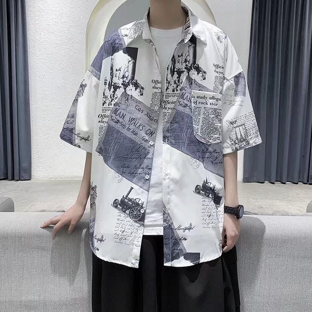 Summer Newspaper Printed Short-sleeved Shirt Men's Loose Ruffian Handsome Trendy Men's Online Popular Trendy Brand Student Handsome Half-sleeved Shirt
