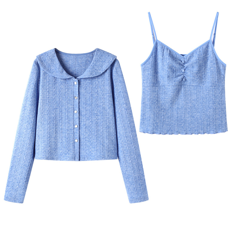 00Aa-9003 Suspender Knitwear Two-Piece Set 2025 Autumn New Fashion Blue Navy Collar Cardigan Women's Top 00Aa-9003 Suspender Knitwear Two-Piece Set 2025 Autumn New Fashion Blue Navy Collar Cardigan Women's Top