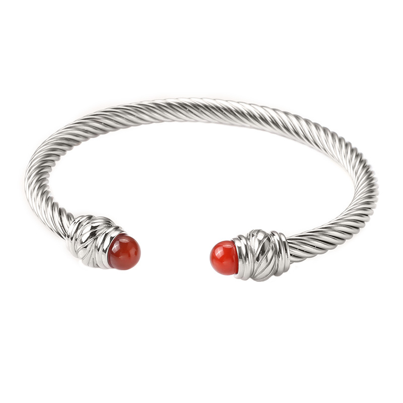 Fashion C Shape Stainless Steel Inlay Turquoise Beads Bangle 1 Piece