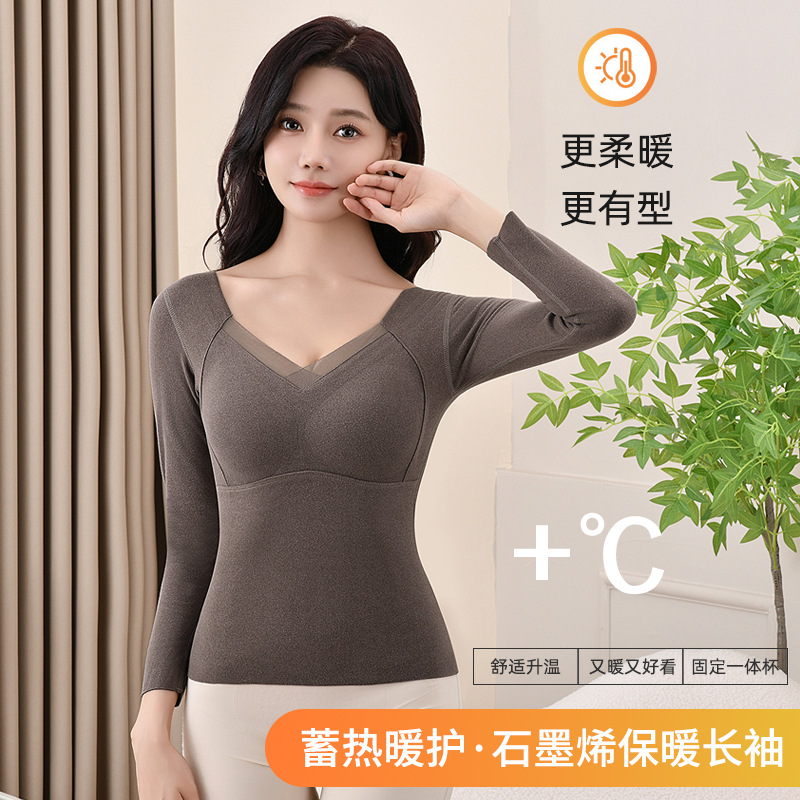Nuevo top autocalentable de terciopelo alemán de doble cara sin costuras, taza fija, cintura gruesa, ropa de otoño de manga larga, camisa de fondo cálida para mujer