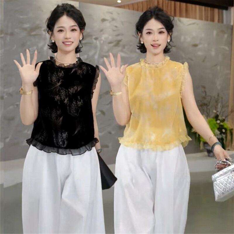 French-style ruffled sleeveless blouse for women, 2026 summer new style, velvet jacquard, chic and youthful top, trendy