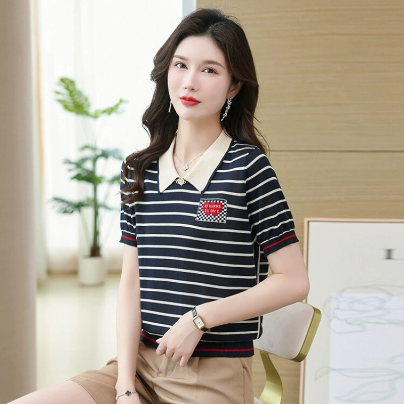 Вязаный женский свитер с короткими рукавами, ранняя осень 2025, новый тонкий шерстяной свитер для мамы, рубашка с v-образным вырезом, свободный топ