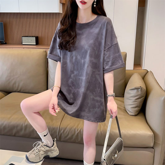 Cross-border Pure Cotton Women's Fashion Distinctive Tie-dyed Short-sleeved T-shirt Women's Summer 2024 Korean Loose Lazy Style Top