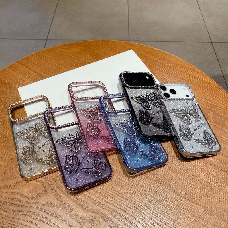外国貿易ホットセールドットドリルバタフライ電気メッキグラデーショングリッターiPhone17Pro max Apple 16携帯電話ケースに適しています|undefined
