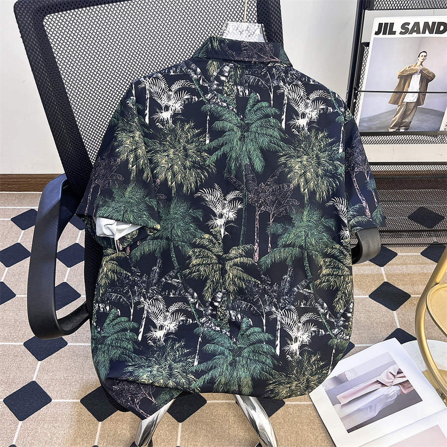 Summer Island Plant Theme Printed Short-sleeved Shirt Men's Hong Kong Style Fashion Brand Loose Bf Style Couple's Beach Flower Shirt
