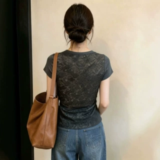 夏季新款女式时尚后背拼接蕾丝圆领简约显瘦洋气正肩短袖T恤上衣