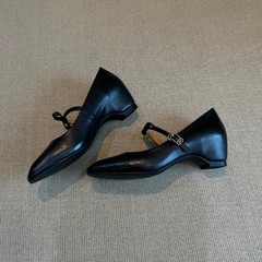 牛皮版~春平底玛丽珍鞋女黑色复古真皮一字扣尖头百搭浅口单鞋女