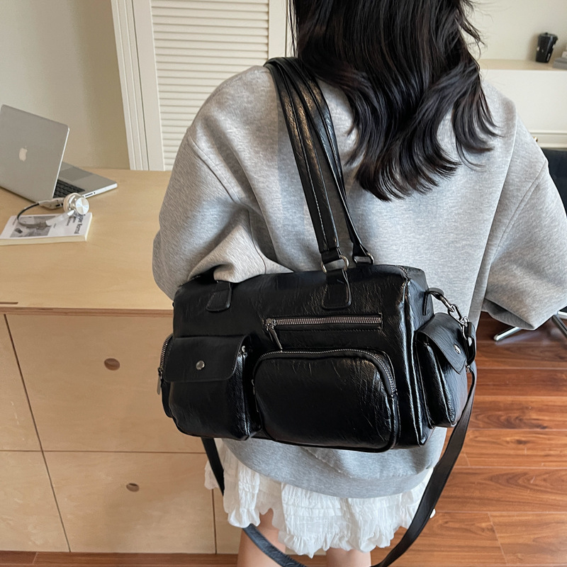 跨境复古休闲大容量托特包包女2025夏季高级感多口袋单肩斜挎包潮|undefined