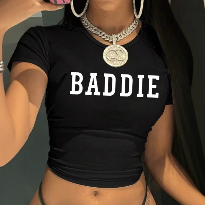 夏の欧米の越境ギャルのアルファベットのBADDIEのプリントの臍のtシャツは短い半袖を修理します。|undefined