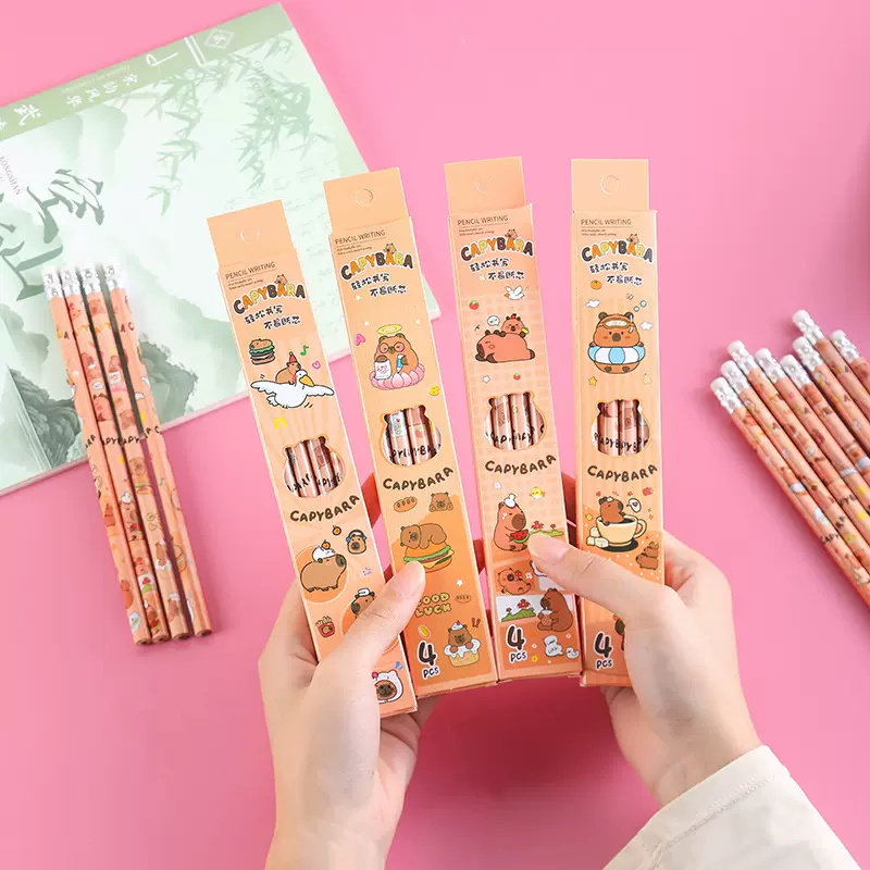 卡皮巴拉盒装铅笔小学生书写文具素描笔儿童绘画带橡皮铅笔4支装