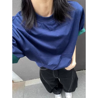 美式撞色假两件短袖t恤男女夏季无性别cleanfit宽松休闲纯色上衣